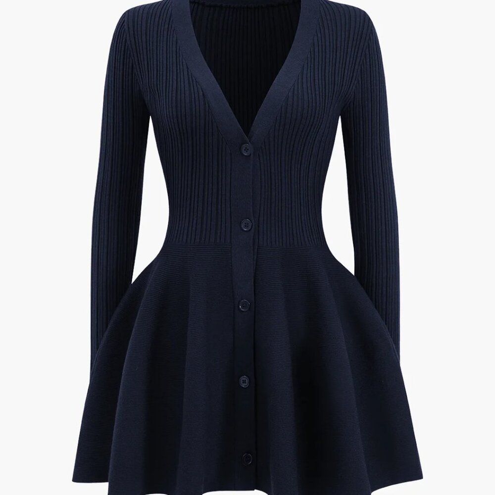 MICAS's Knit Puff Hem Long Sleeve V-neck Dress- Dark Blue- Large NWT